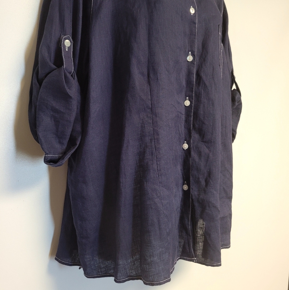Foxcroft 100% Linen Button Down Shirt Navy Blue Size 18W Shaped Fit - Picture 4 of 6